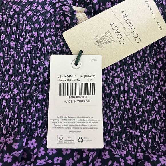 Barbour Midhurst Floral Long Sleeve Flowy Blouse Purple NWT Size US 12 - Picture 8 of 8
